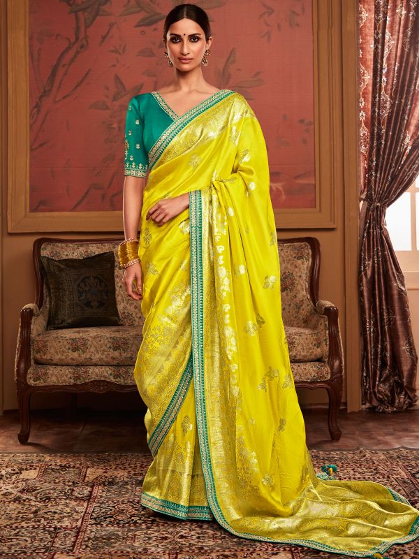 Yellow Zari Woven Saree With Embroidered Blouse