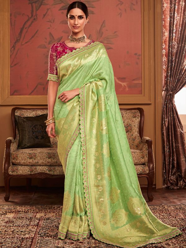 Green Festive Saree With Zari Woven Blouse