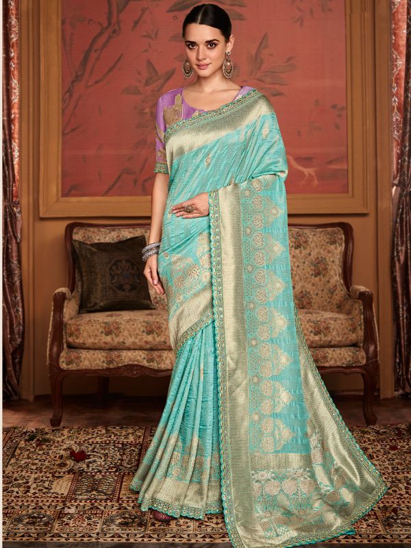 Blue Woven Silk Saree With Embroidered Borders