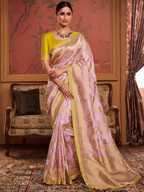 Purple Party Silk Saree With Embroidered Blouse
