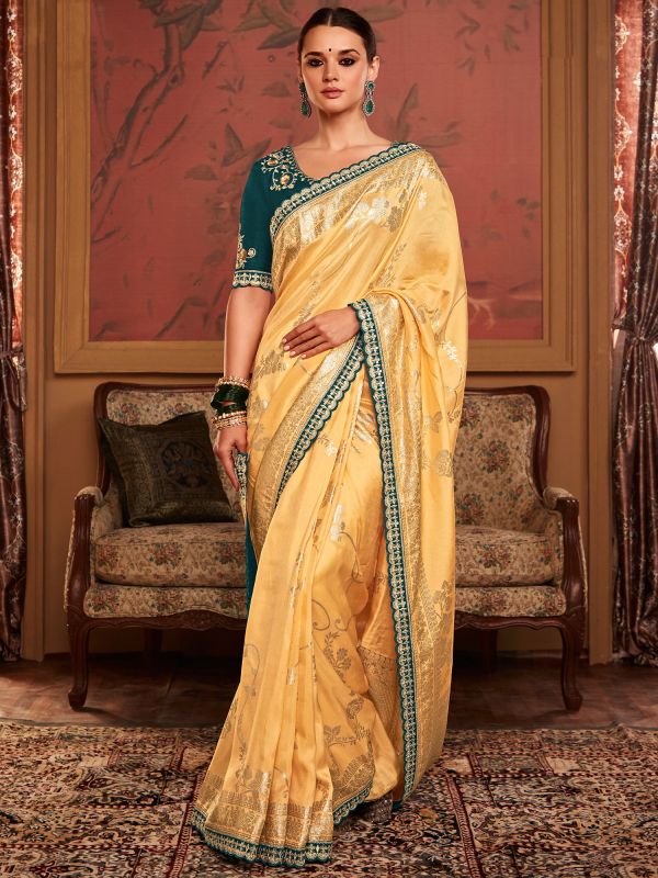 Yellow Traditional Silk Saree With Embroidered Blouse