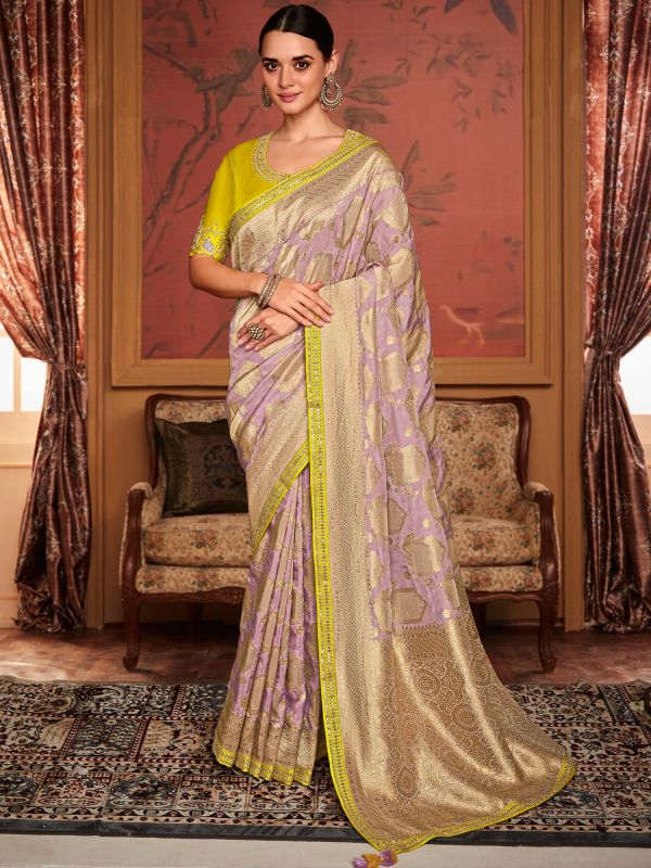 Purple Art Silk Saree With Woven Blouse