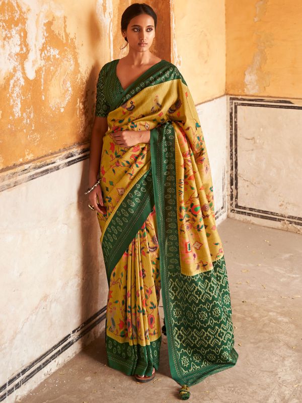 Yellow Tussar Silk Saree With Blouse