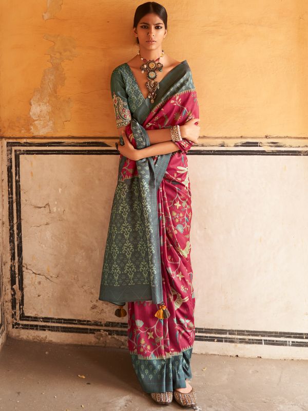 Pink Printed Saree In Tussar Silk With Blouse