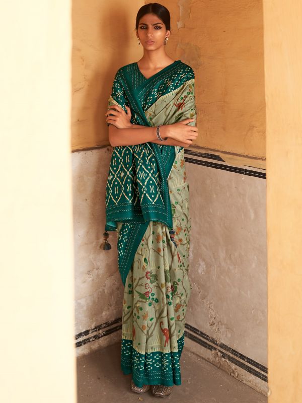 Green Tussar Silk Saree With Embroidered Blouse