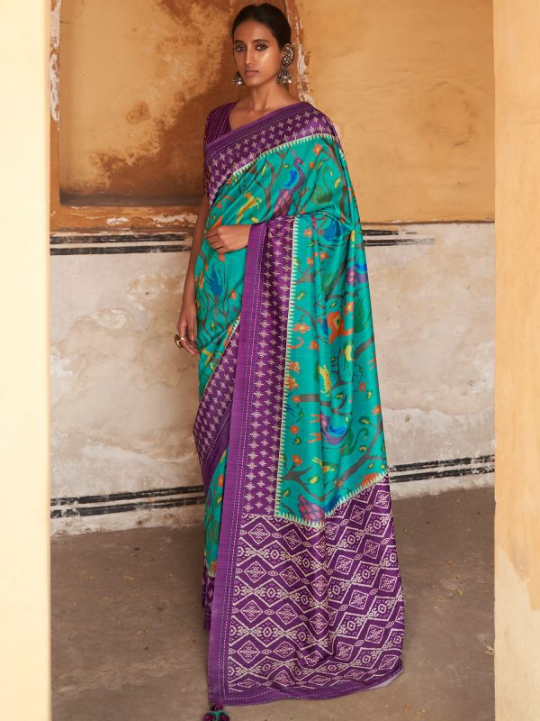 Blue Tussar Silk Saree With Printed Pattern