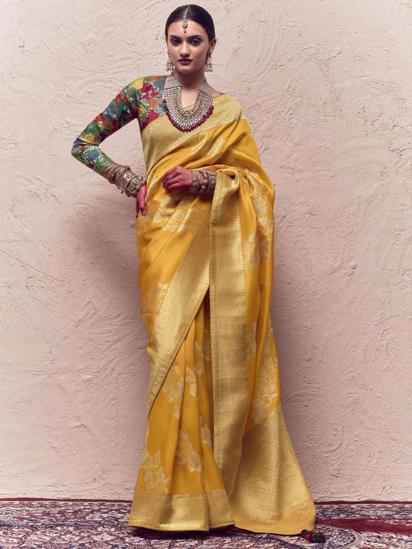 Yellow Festive Wear Silk Saree With Zari Woven
