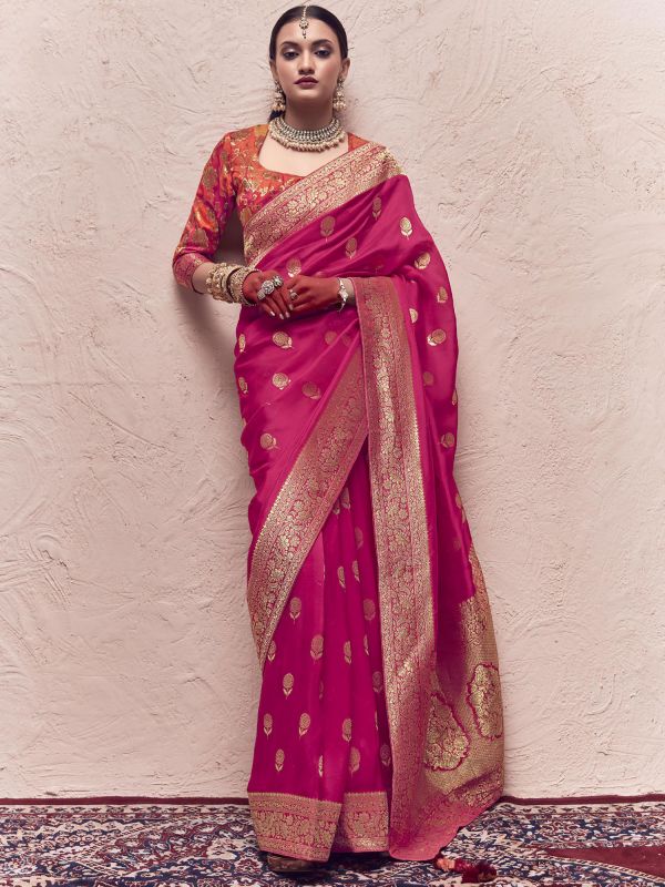 Pink Bridal Saree With Zari Woven In Silk