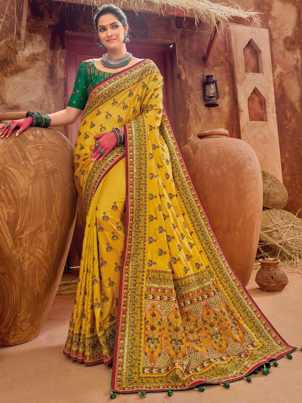 Yellow Banarasi Silk Saree With Embroidery Work