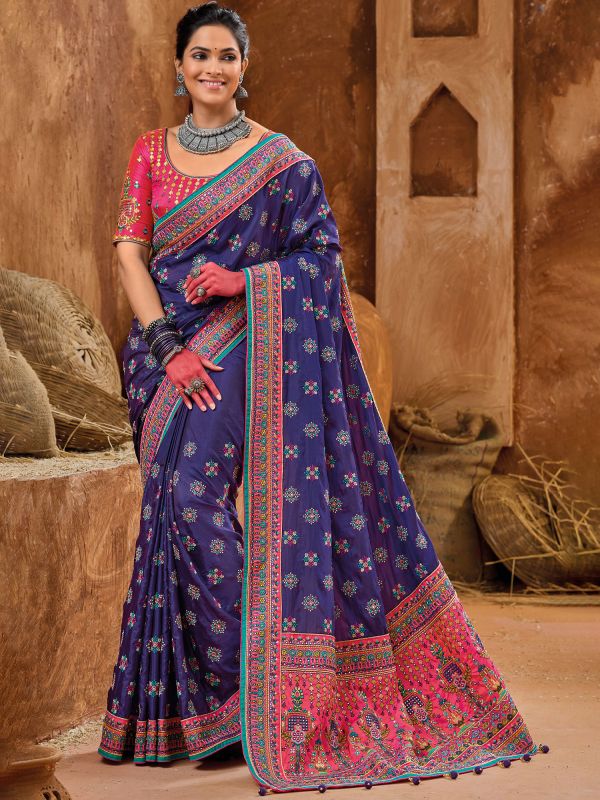 Blue Stone Embellished Banarasi Saree In Silk