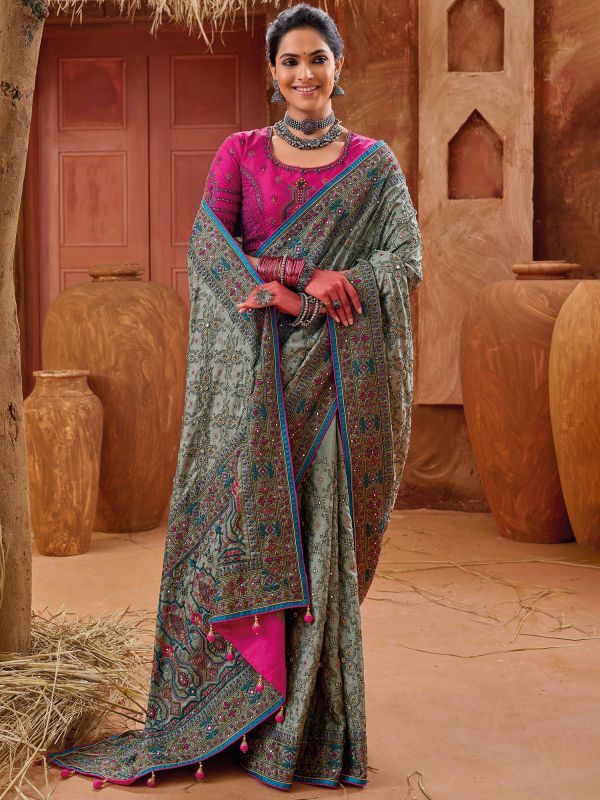 Grey Banarasi Silk Saree With Embroidered Blouse