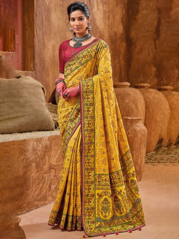 Yellow Festive Banarasi Silk Saree With Embroidered Blouse