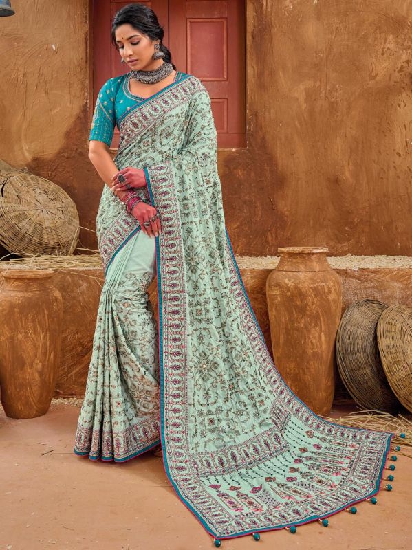 Blue Banarasi Silk Saree With Embroidered Blouse