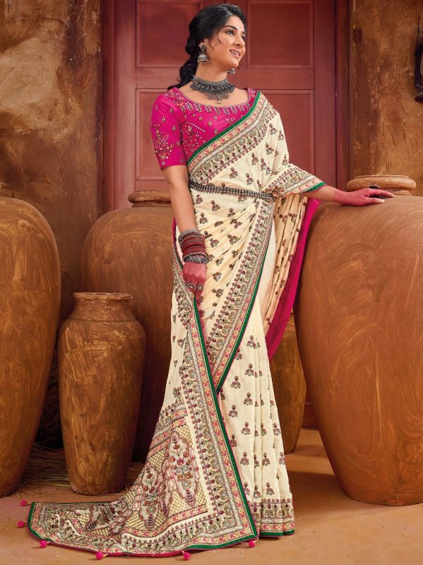 Cream Banarasi Silk Saree With Embroidery Work