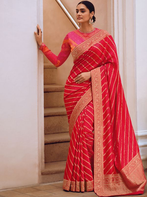 Red Bridal Saree With Digital Prints In Art Silk