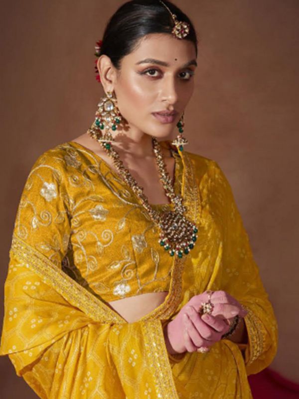 Yellow Chiffon Saree With Bandhej Prints