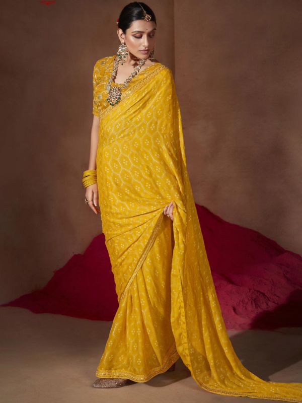 Yellow Chiffon Saree With Bandhej Prints