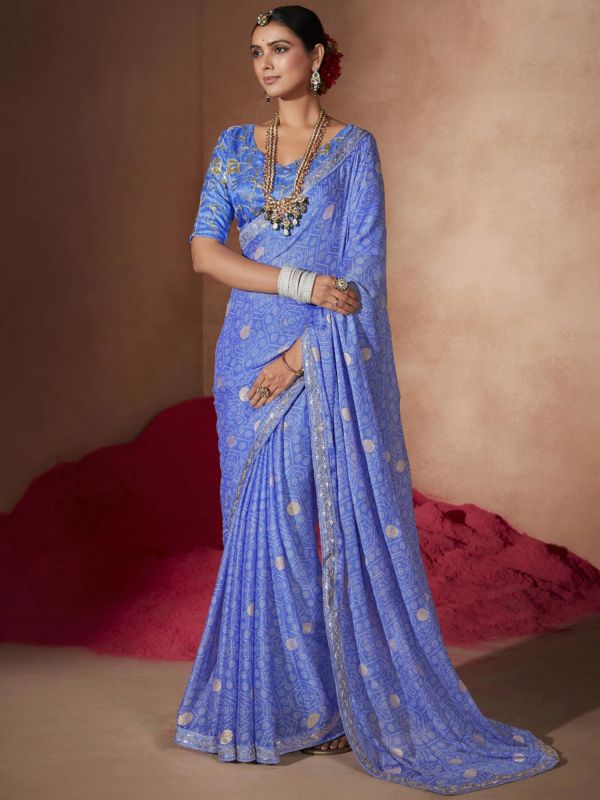 Blue Bandhej Printed Saree With Embroiderd Blouse