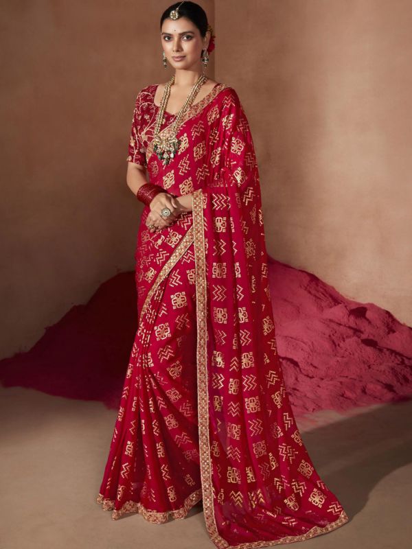 Red Printed Saree With Bandhej Patterns In Chiffon