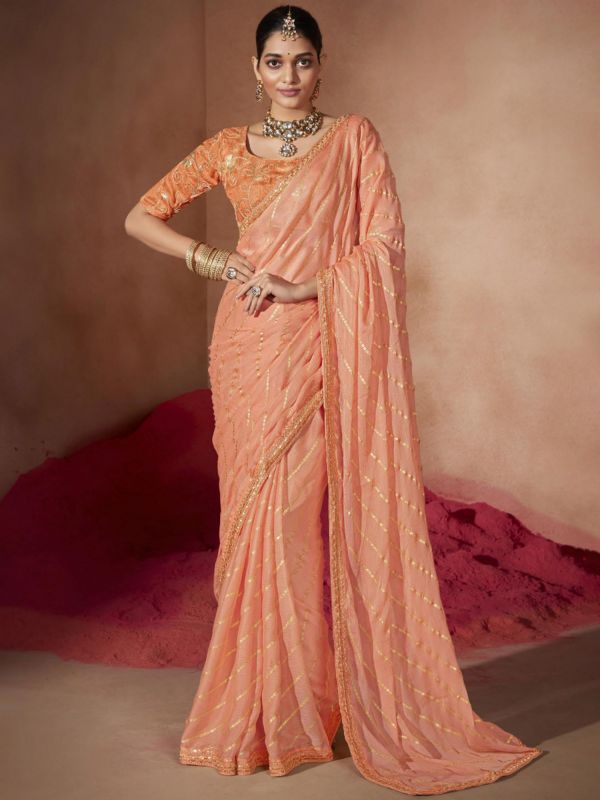 Peach Bandhej Printed Saree With Embroidered Blouse
