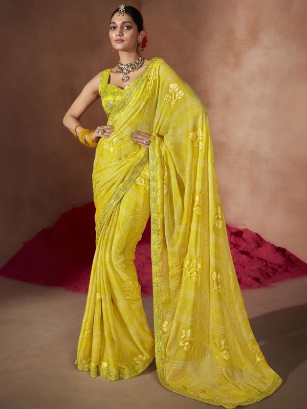 Yellow Festive Chiffon Saree With Bandhej Prints