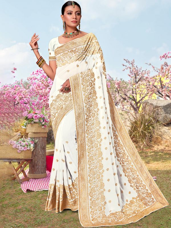 White Silk Saree In Zari With Blouse