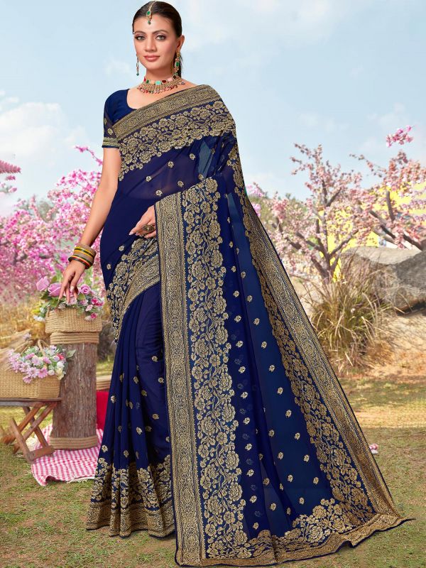 Blue Silk Saree With Woven Borders In Zari