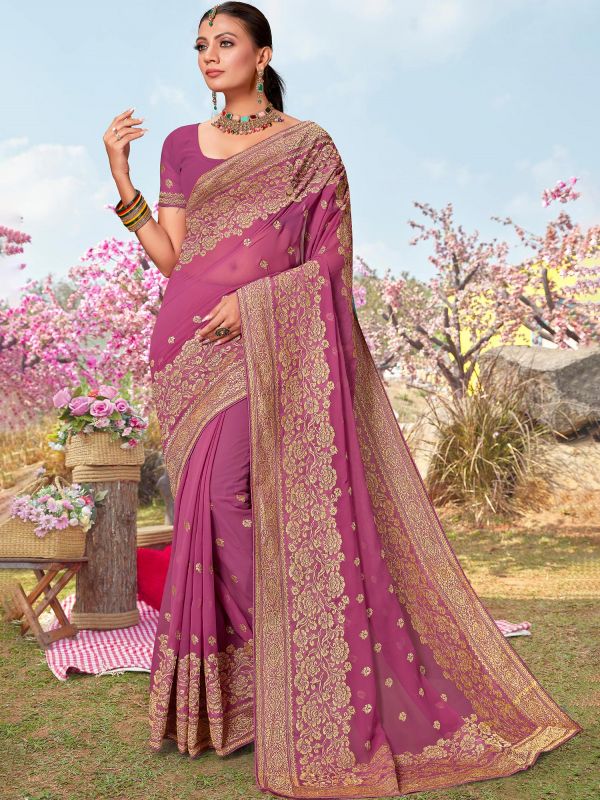 Purple Zari Silk Indian Georgette Saree Online