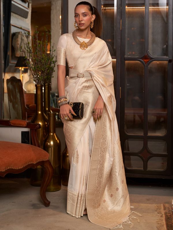 Cream Zari Woven Saree In Georgette With Blouse