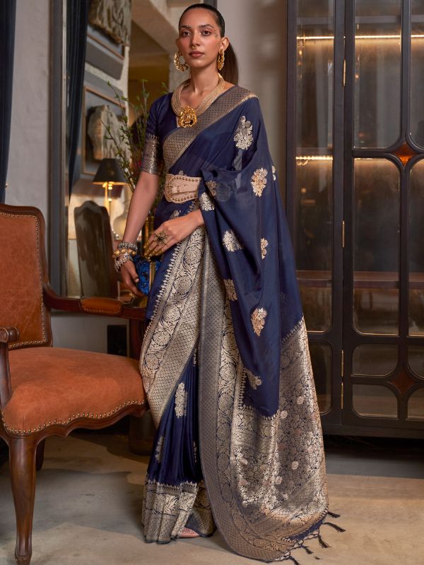 Blue Georgette Saree With Woven Patterns In Zari