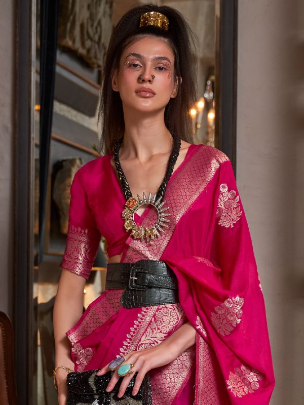 Pink Woven Pattern Saree With Zari In Georgette 