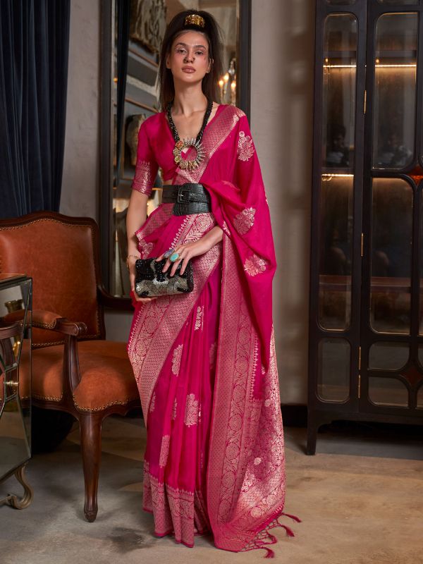 Pink Woven Pattern Saree With Zari In Georgette 