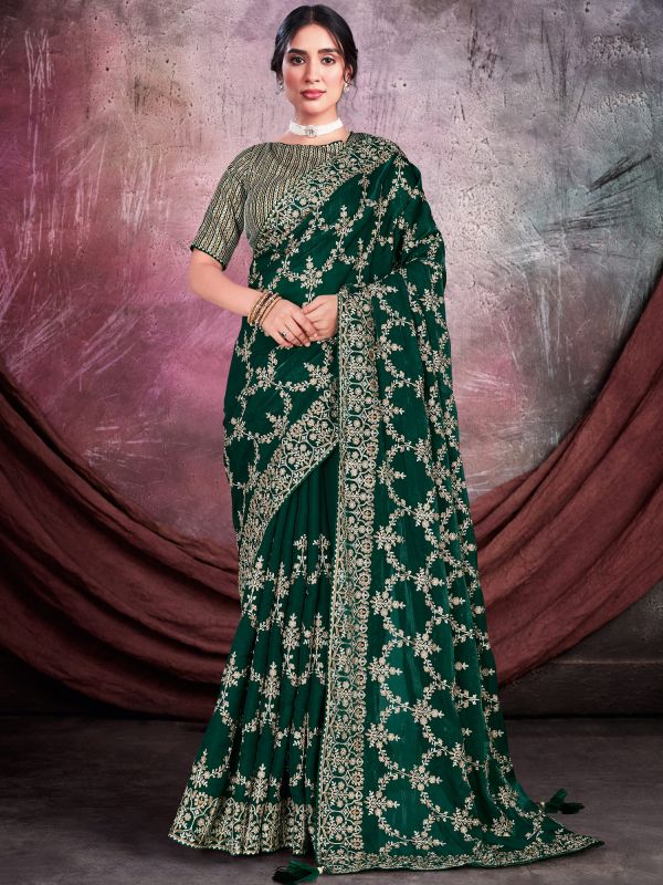 Green Festive Zari Embroidered Saree With Blouse