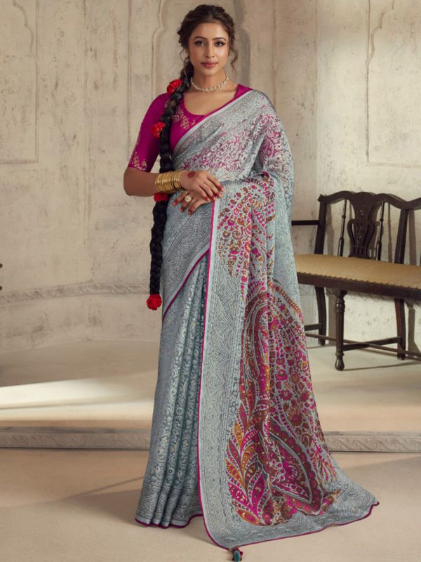 Blue Casual Wear Saree With Blouse In Brasso