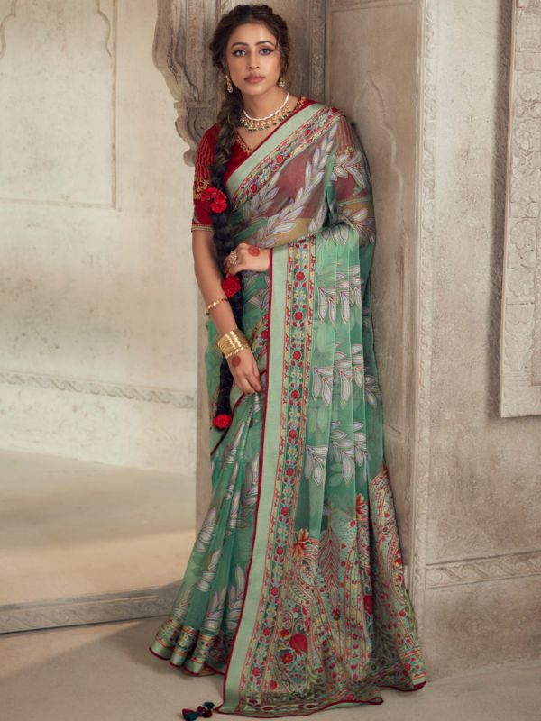 Green Brasso Saree With Embroidered Blouse
