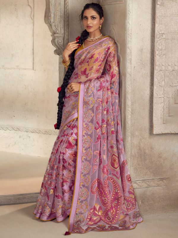 Pink Woven Saree With Embroidered Blouse