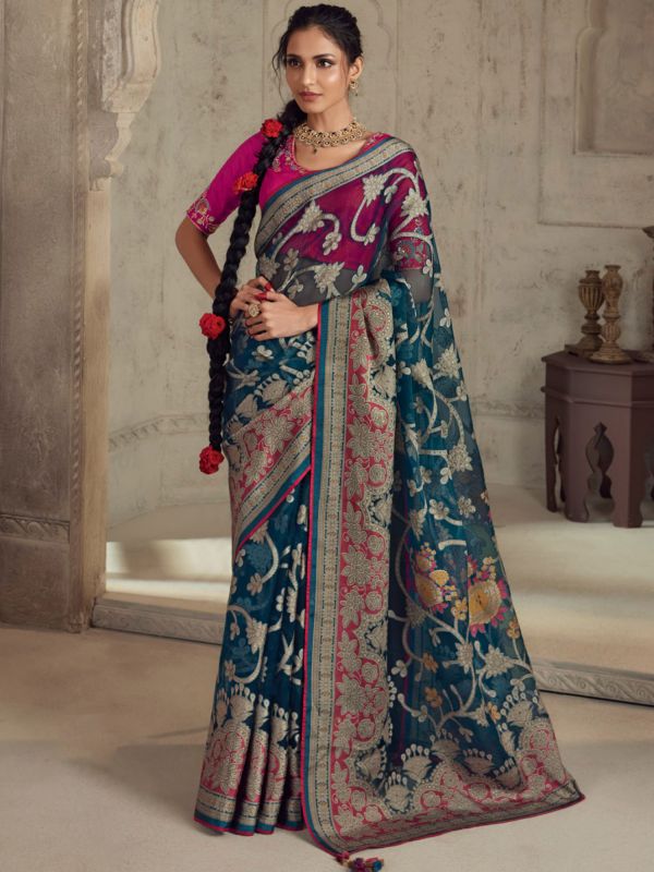 Blue Party Wear Saree In Brasso With Weaving