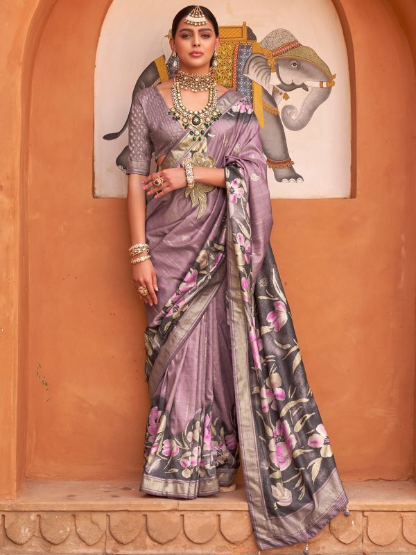 Purple Floral Printed Art Silk Saree With Blouse
