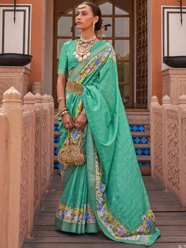Turquoise Printed Art Silk Saree With Blouse