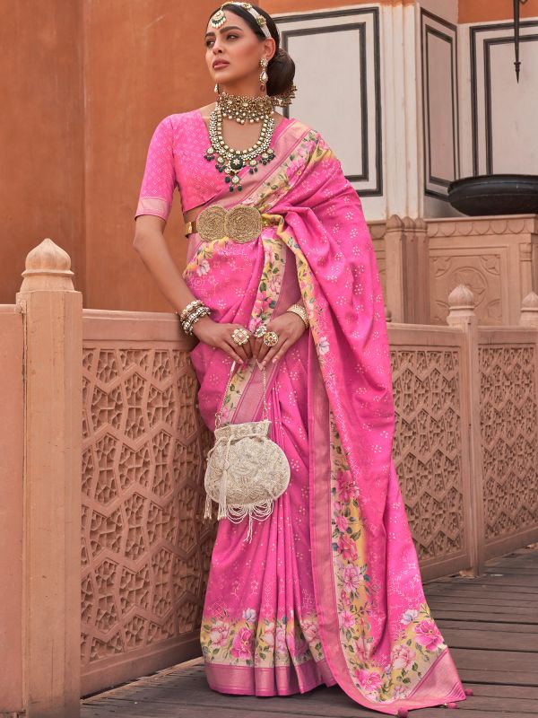 Pink Art Silk Printed Saree With Blouse
