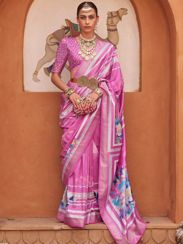Pink Art Silk Saree In Floral Print With Blouse