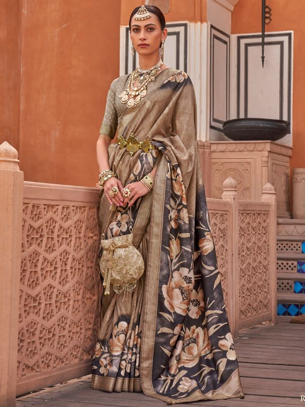 Brown Casual Printed Saree With Blouse
