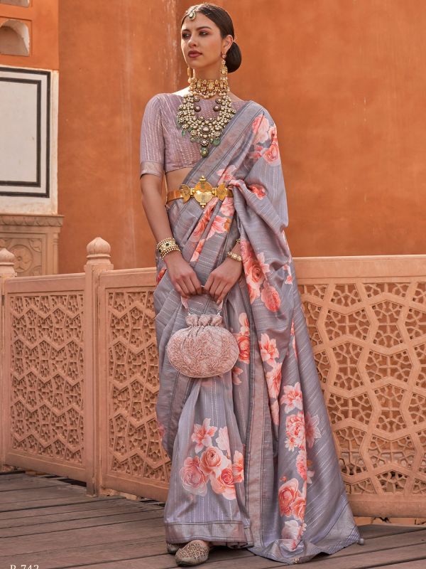 Grey Floral Print Saree In Art Silk With Blouse