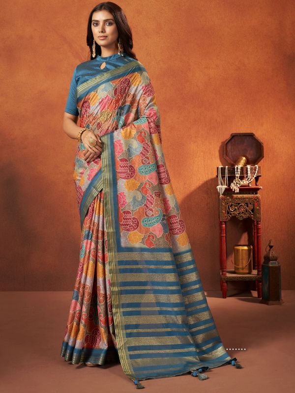 Multicolor Printed Art Silk Saree With Blouse