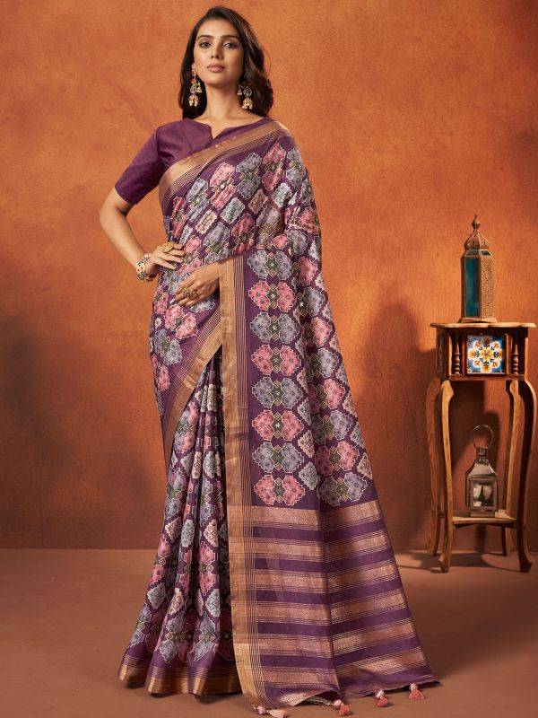 Purple Printed Saree With Blouse In Art Silk