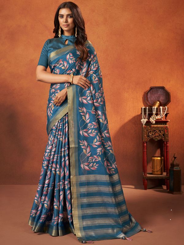 Blue Floral Printed Saree In Crepe With Blouse