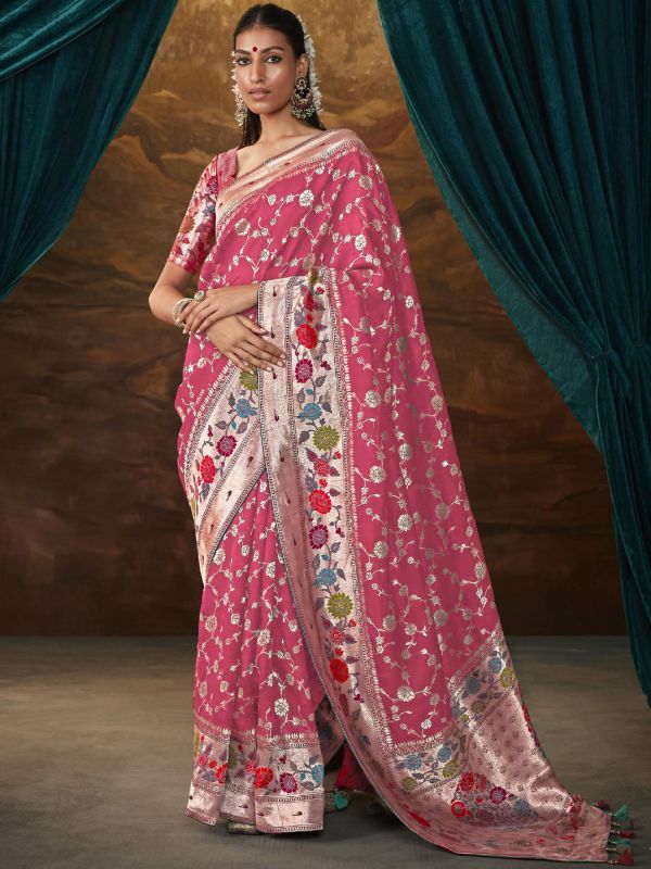 Pink Floral Dola Silk Saree With Blouse