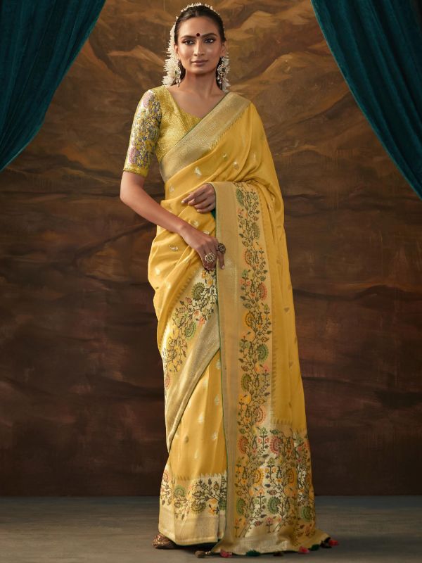 Yellow Festive Saree In Dola Silk With Blouse