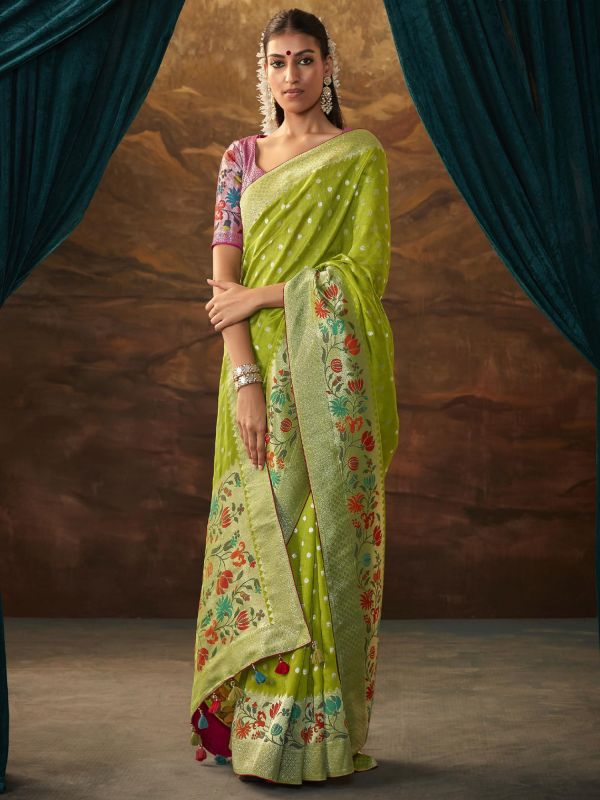 Green Floral Printed Saree In Dola Silk