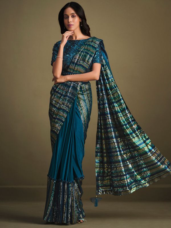 Blue Cocktail Saree With Sequin Embellished Blouse